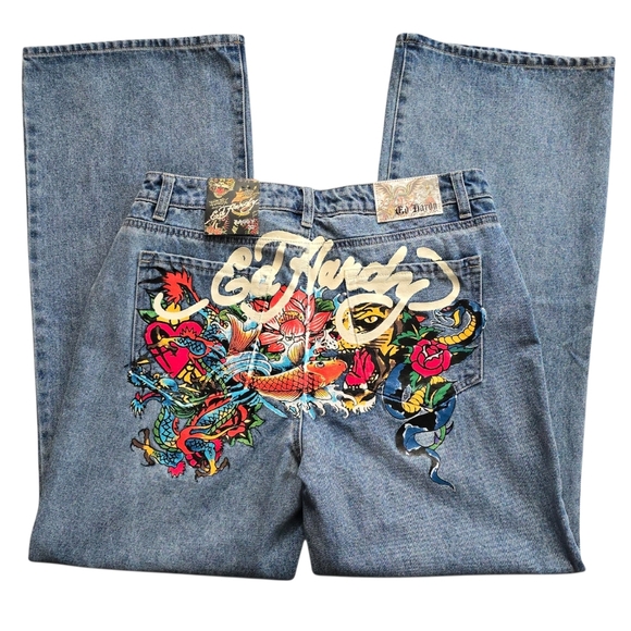 NWT Ed Hardy Women's 32 Baggy Jeans Y2K Painted Tattoo Heart Koi Graphic Denim - Picture 12 of 12